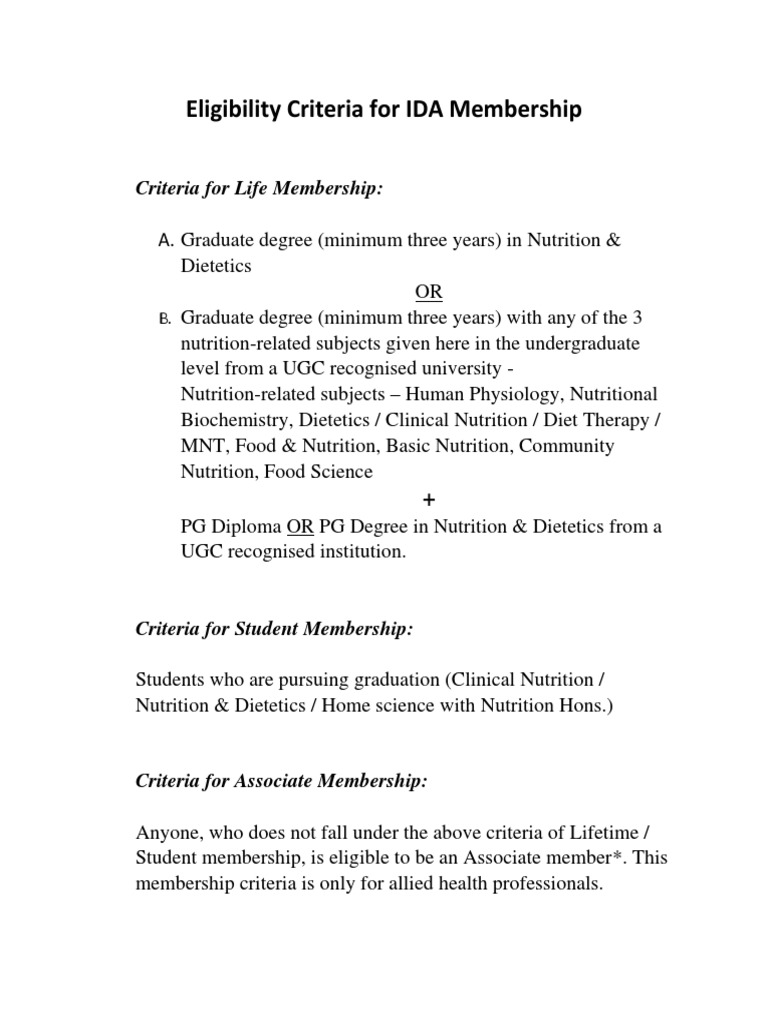 Eligibility Criteria For IDA Membership PDF | PDF | Wellness