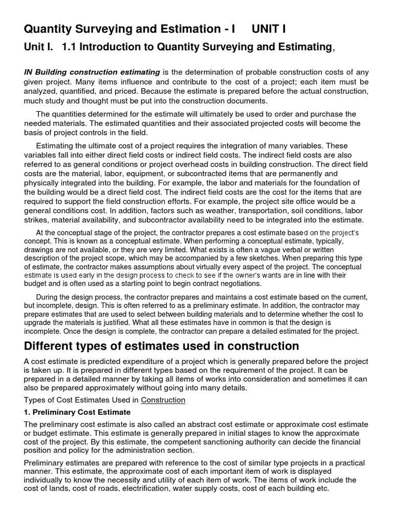 Quantity Surveying and Estimation | PDF | Employment | Specification