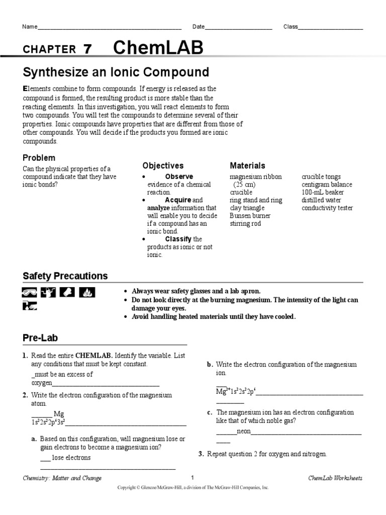 Chemlab Synthesize An Ionic Compound Student Editable Magnesium Chemical Compounds
