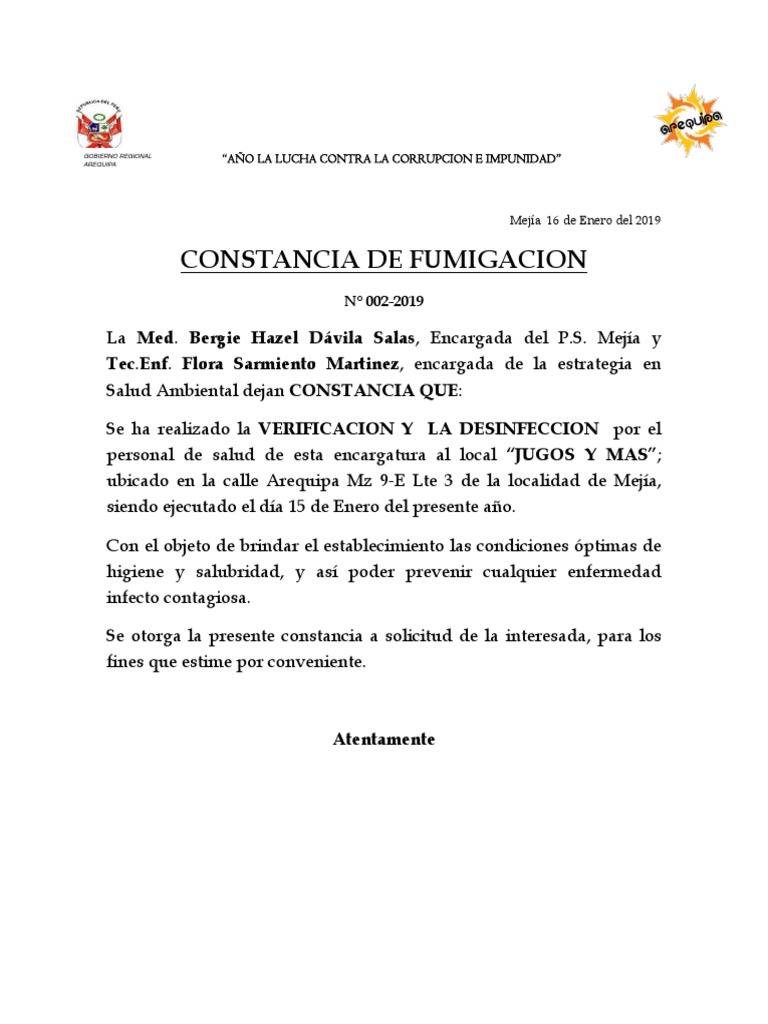 Constancia De Fumigacion