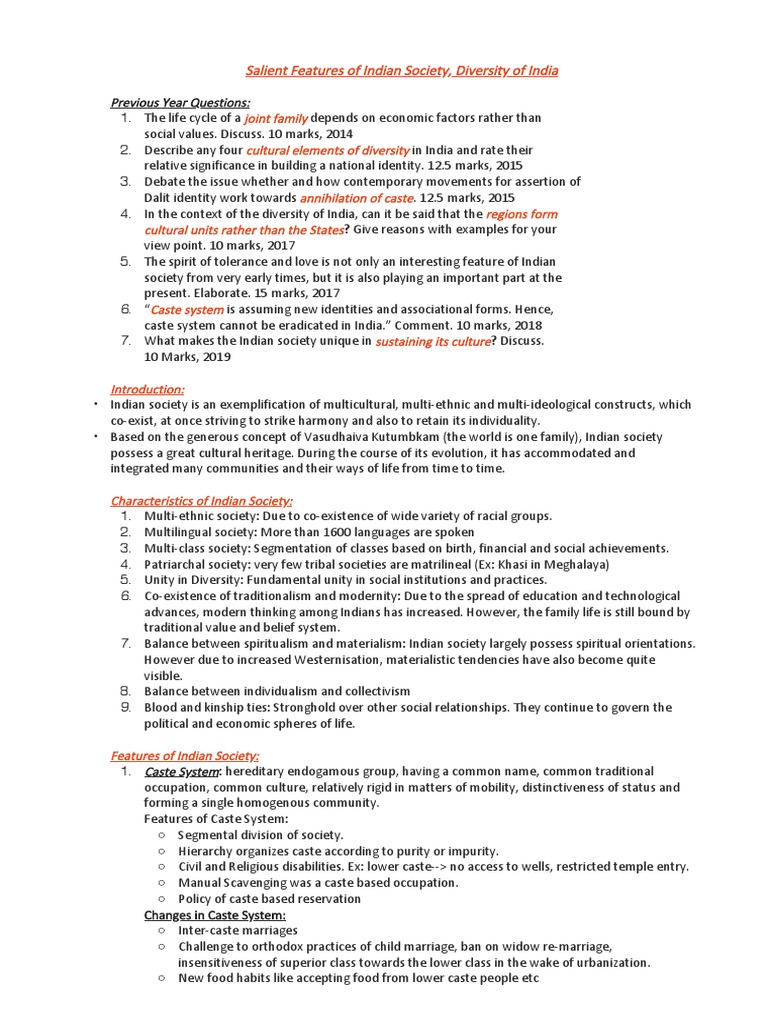 Salient Features of Indian Society, Diversity in India | PDF ...