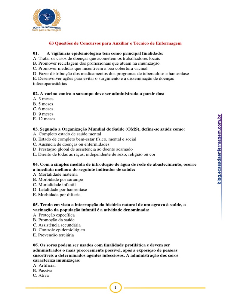63 Questões de Concursos para Auxiliar e Técnico de Enfermagem | PDF ...