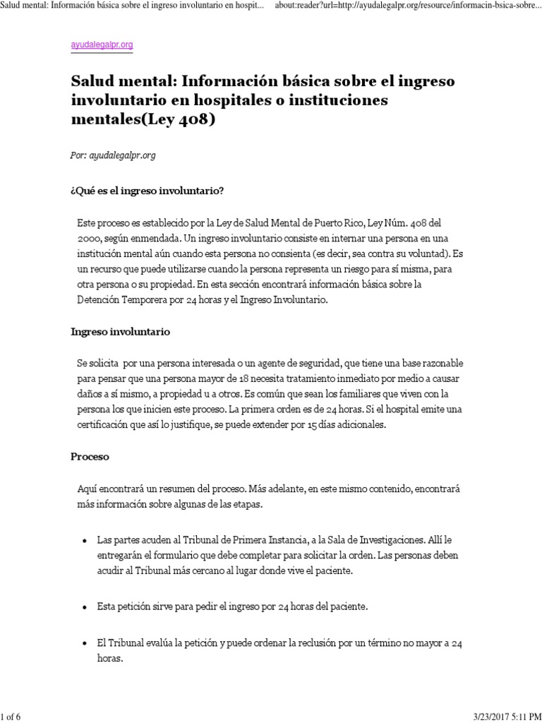 Ingreso Involuntario Seg n Ley 408 PR PDF Hospital Psiquiatr a