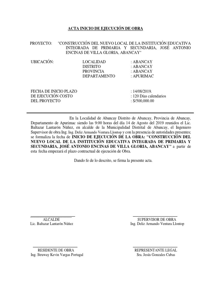 Inicio de obra en Villa Gloria, Abancay | PDF | Gobierno