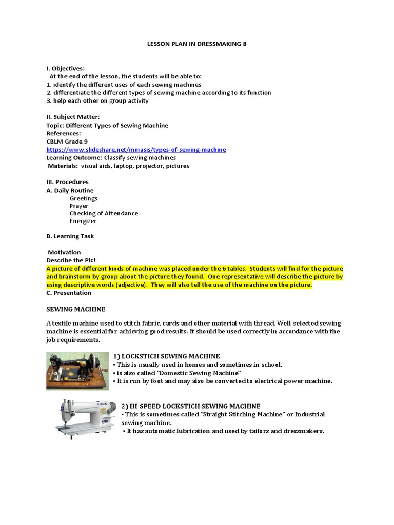 Lesson Plan Integration (Types of Sewing Machine) PDF Sewing Sewing Machine