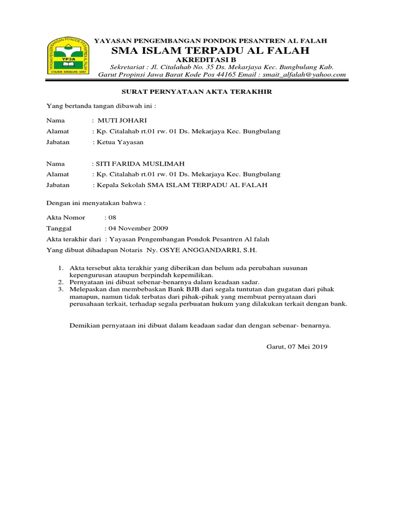 Pelajari Contoh Surat Pernyataan Akta Terakhir Yayasan
