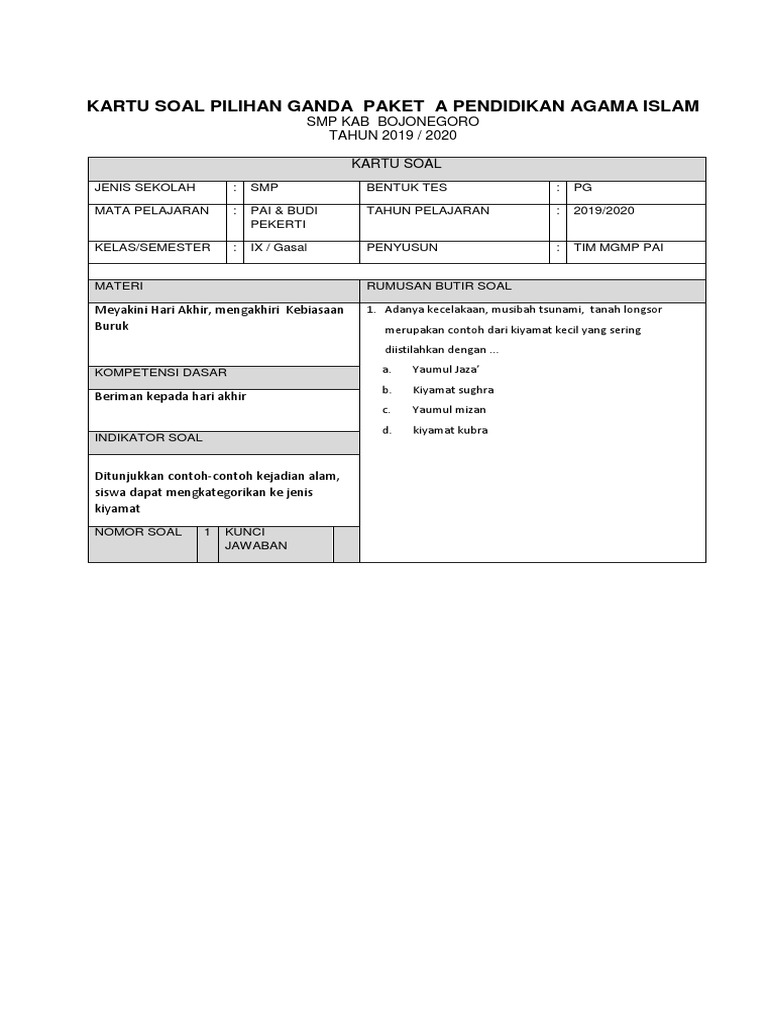 Kartu Soal A Pas Pai Kls 9 Tp 2019 2020