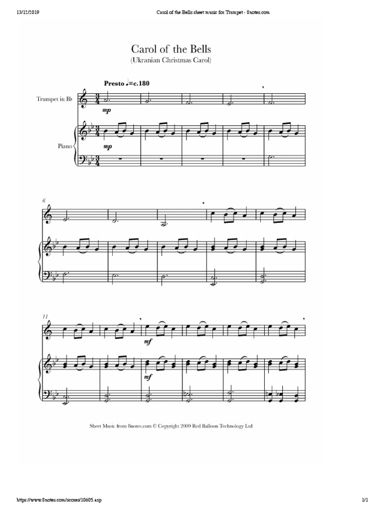 Carol of The Bells Sheet Music For Trumpet | PDF | Language Arts & Discipline | Art for Free Printable Carol Of The Bells Sheet Music