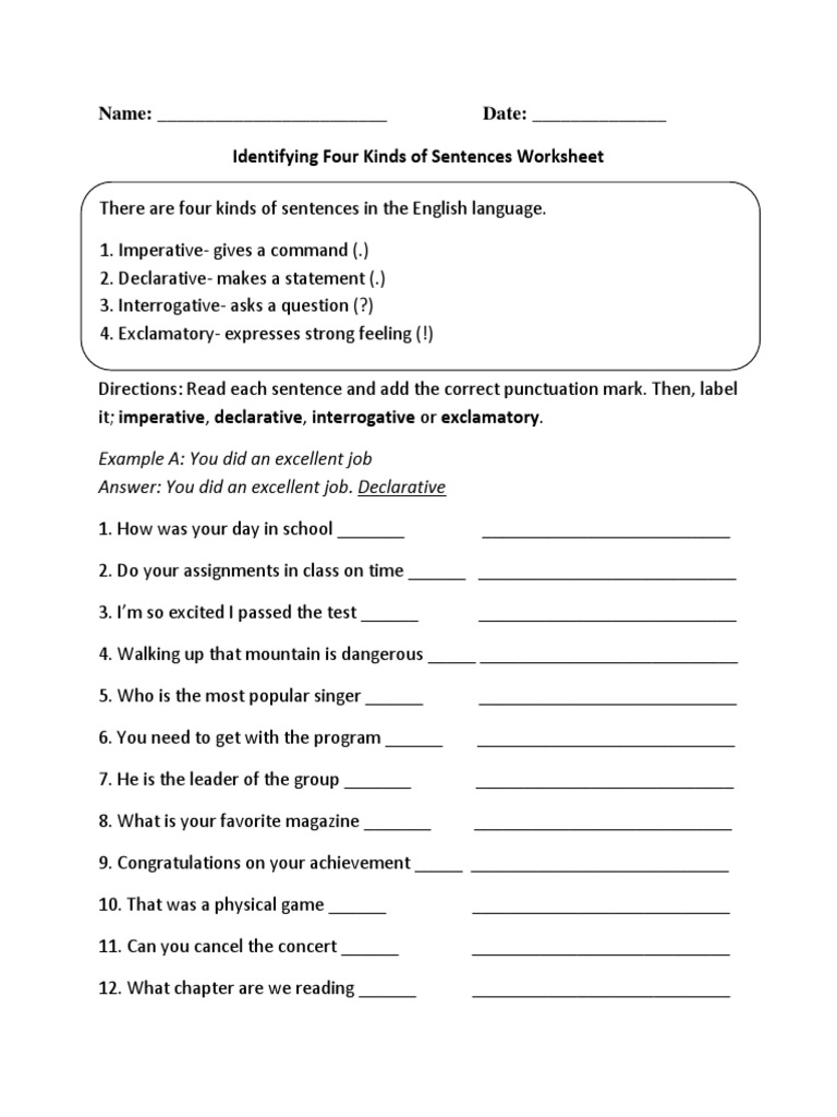 Identifying Sentence Types Worksheet | PDF