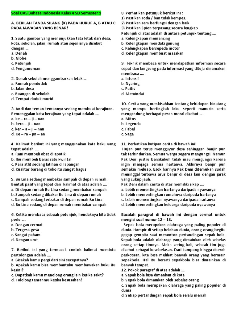 Soal UAS Bahasa Indonesia Kelas 4 SD Semester 1 | PDF