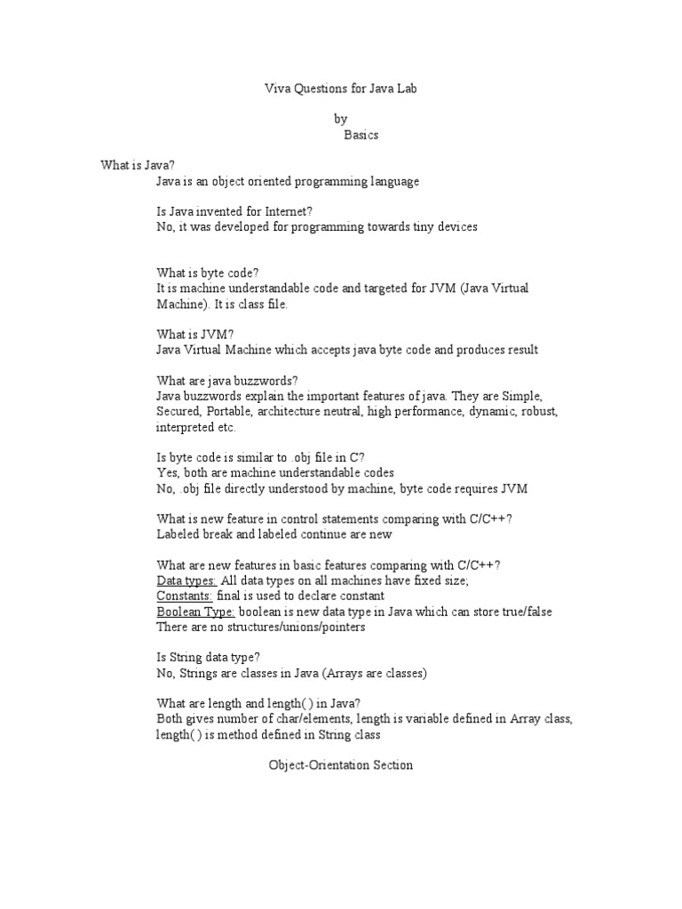 Viva Questions for Java Lab Method Programming) Class Programming)