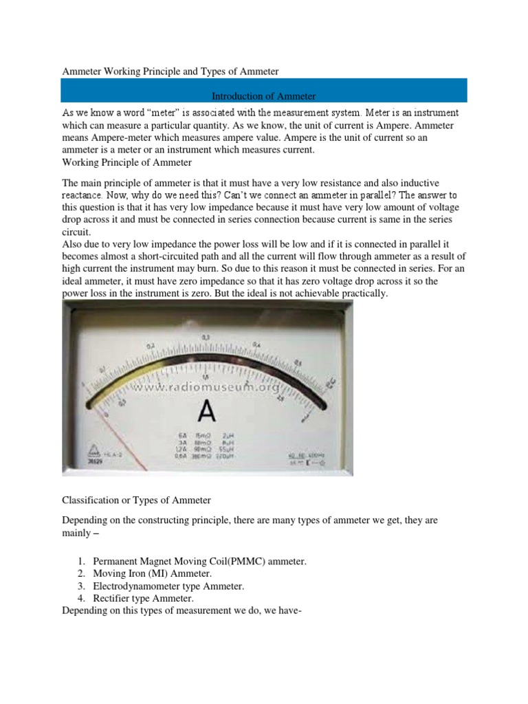 Ammeter Working Principle and Types of Ammeter PDF Electric Current