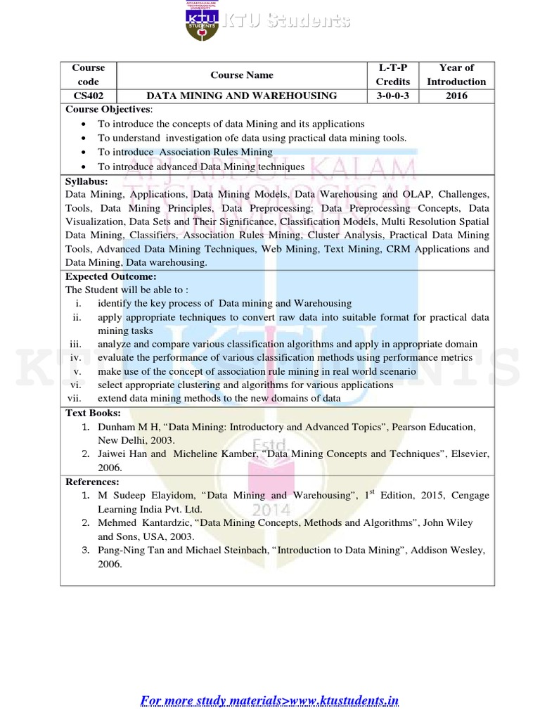 CS402 Data Mining and Warehousing Syllabus | PDF | Cluster Analysis ...