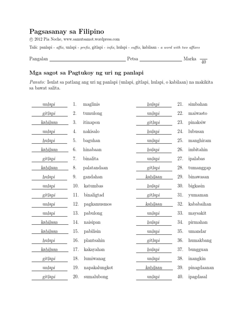 Mga Sagot Sa Salitang Maylapi - 6 1 PDF | PDF