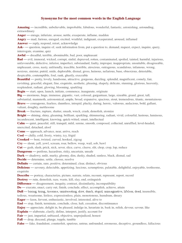 Synonyms For Most Common Words in English | PDF