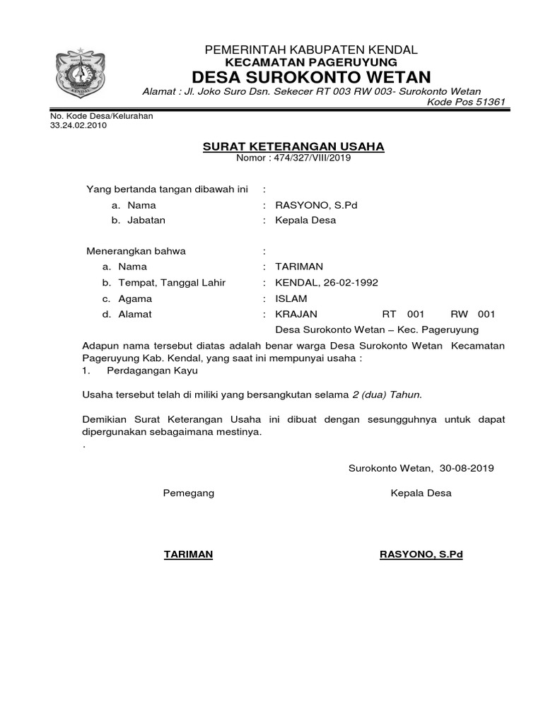 Surat Keterangan Usaha Docx