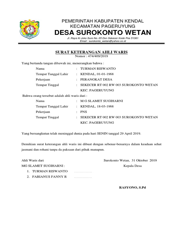 Surat Keterangan Ahli Waris Docx