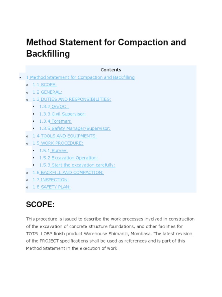 Excavation and Backfilling Method Statement | PDF | Economic Sectors ...