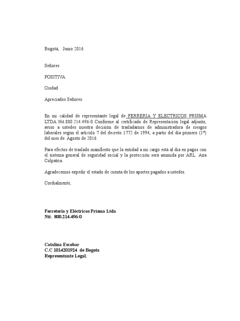 Carta Traslado Modelo PDF