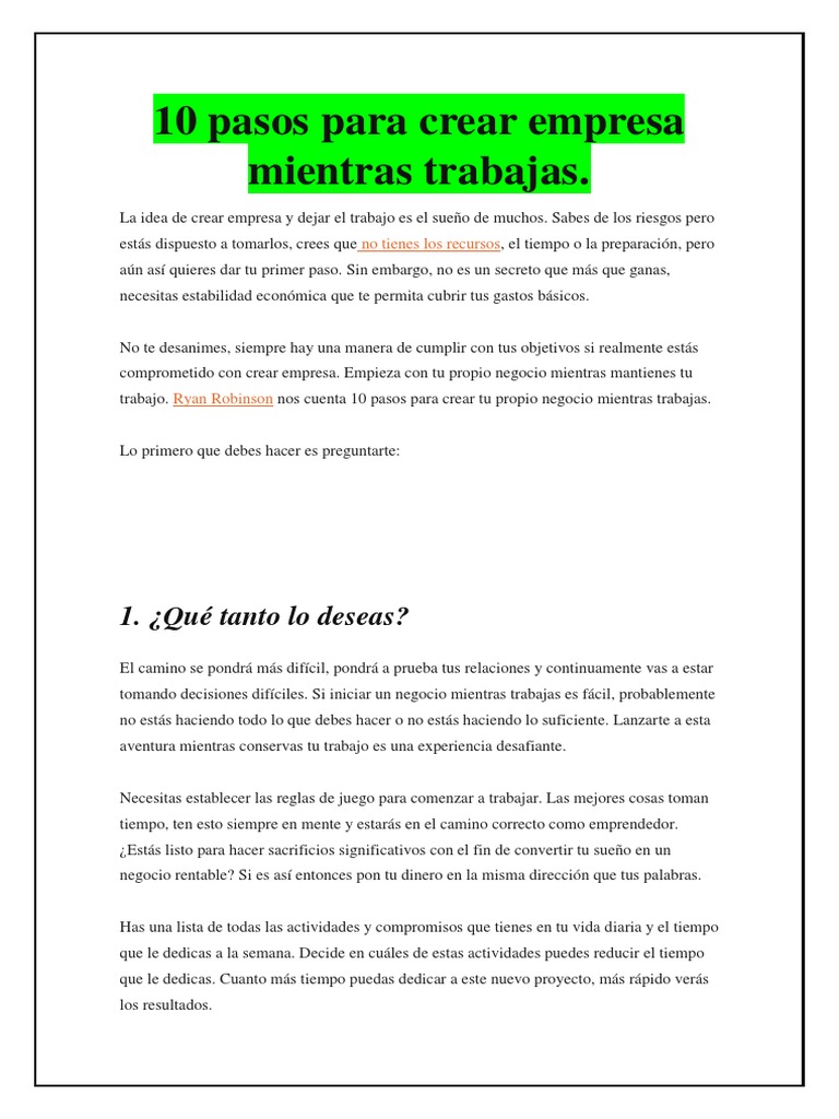10 Pasos para Crear tu Empresa Mientras Trabajas | PDF | Empresa de ...