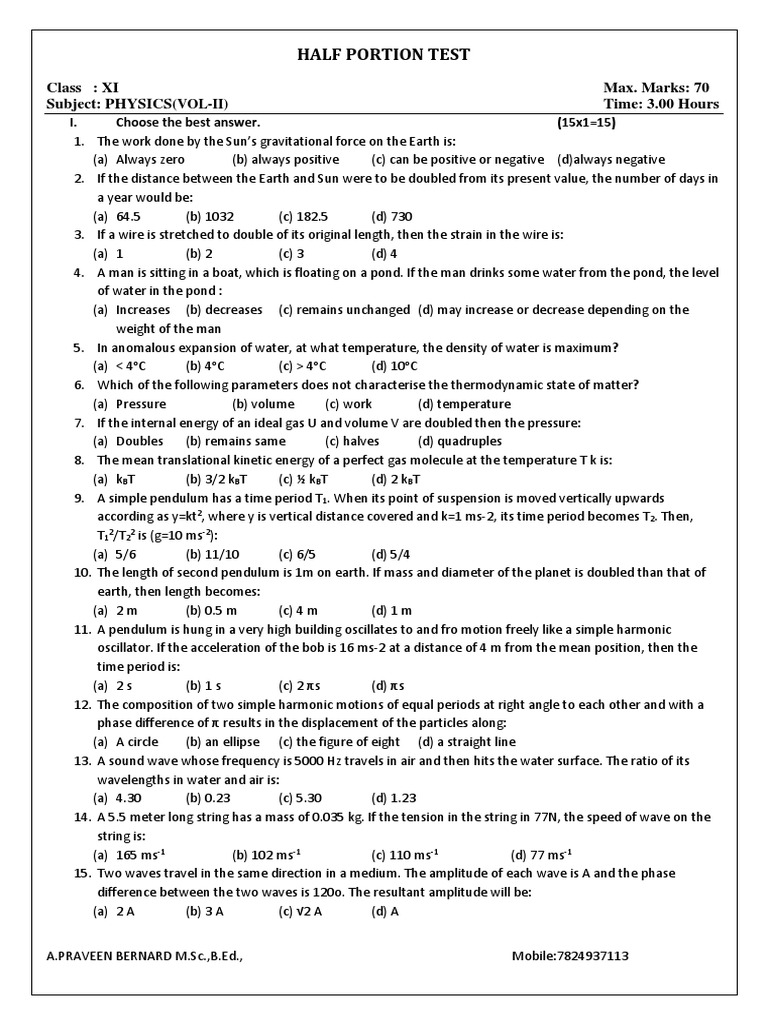 Class XI Physics Half Portion Test | PDF | Waves | Frequency