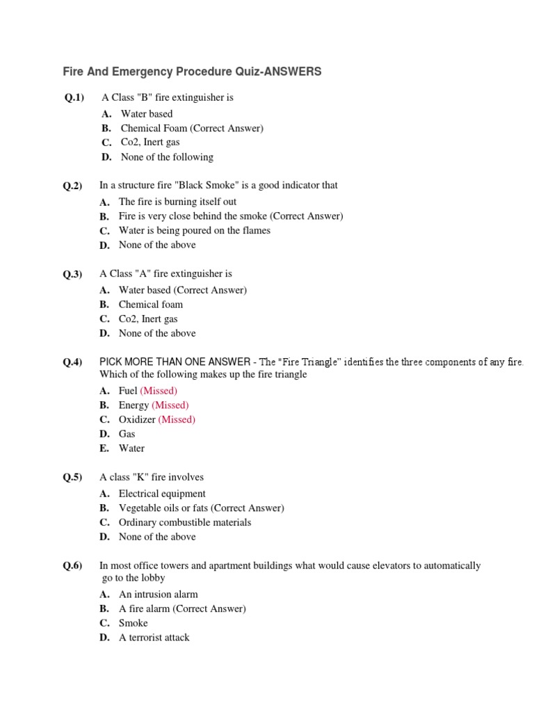 Fire And Emergency Procedure Quiz Answers Fires Hazards