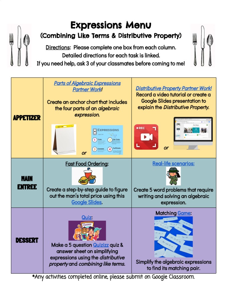 Algebraic Expressions Activities Guide | PDF