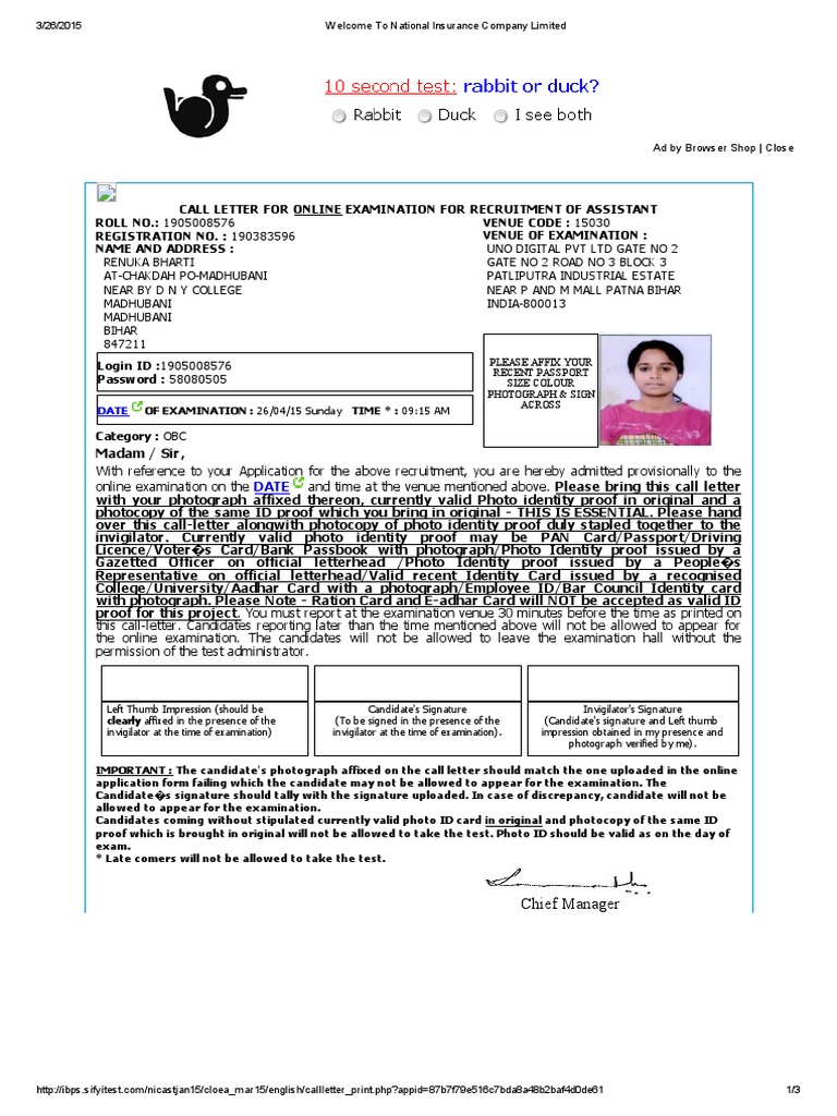 NICL Assistant Exam Call Letter | PDF | Identity Document | Test ...