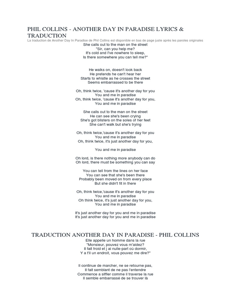 Phil Collins Another Day In Paradise Traduction