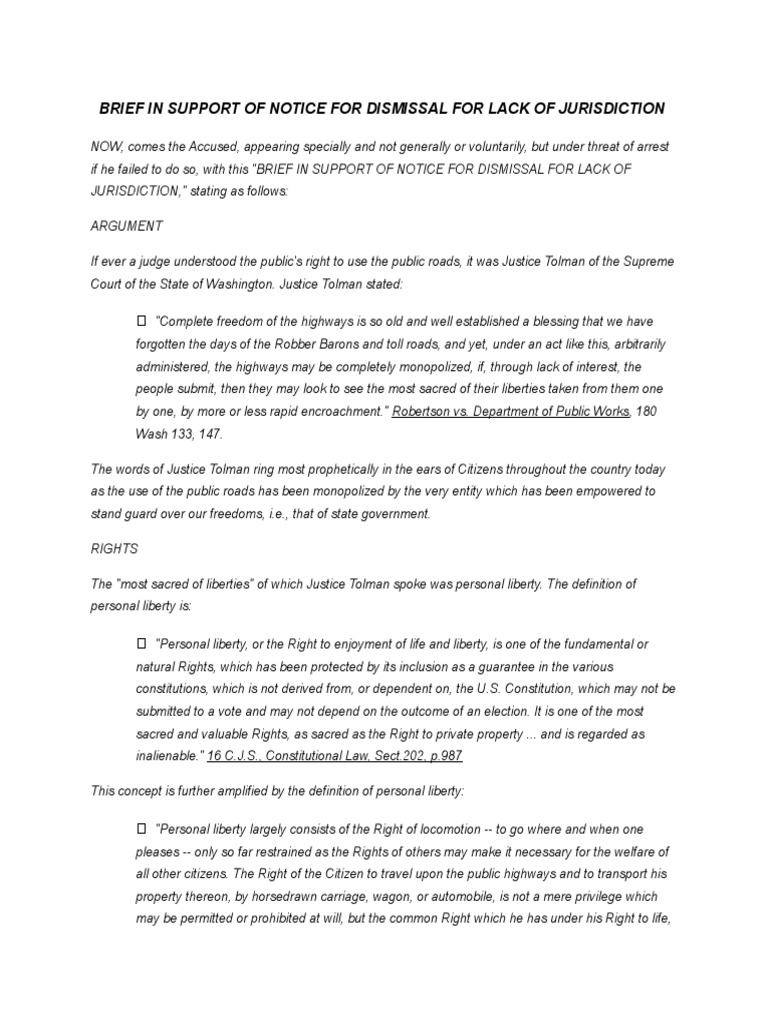 Brief in Support of Notice For Dismissal For Lack of Jurisdiction PDF