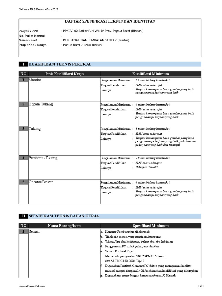 Contoh Spesifikasi Teknis Dan Identitas | PDF