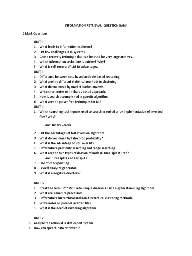 Information Retrieval Question Bank | PDF | Cluster Analysis | Algorithms