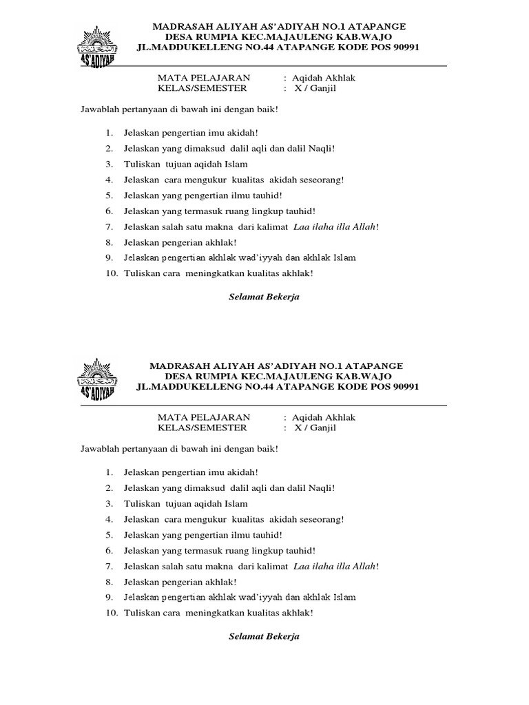 Soal Aqidah Akhlak