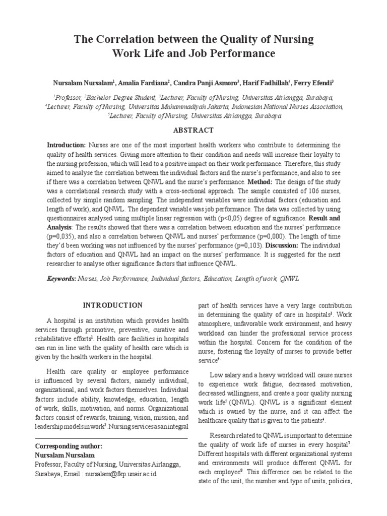 Nursing Work Life Quality and Performance | PDF | Nursing | Employment