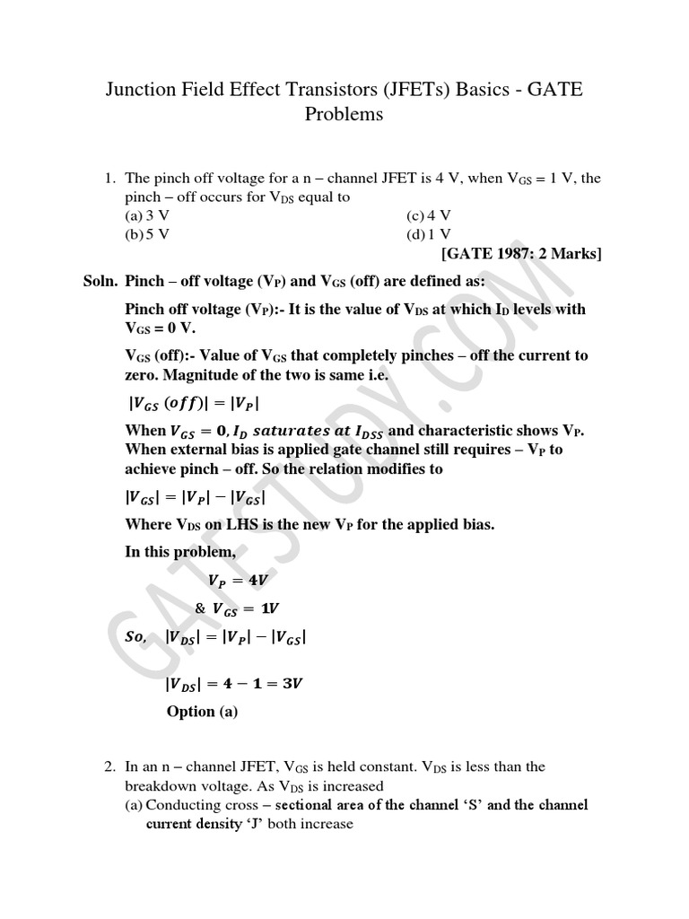 Junction Field Effect Transistors JFETs Basiscs GATE Problems PDF PDF