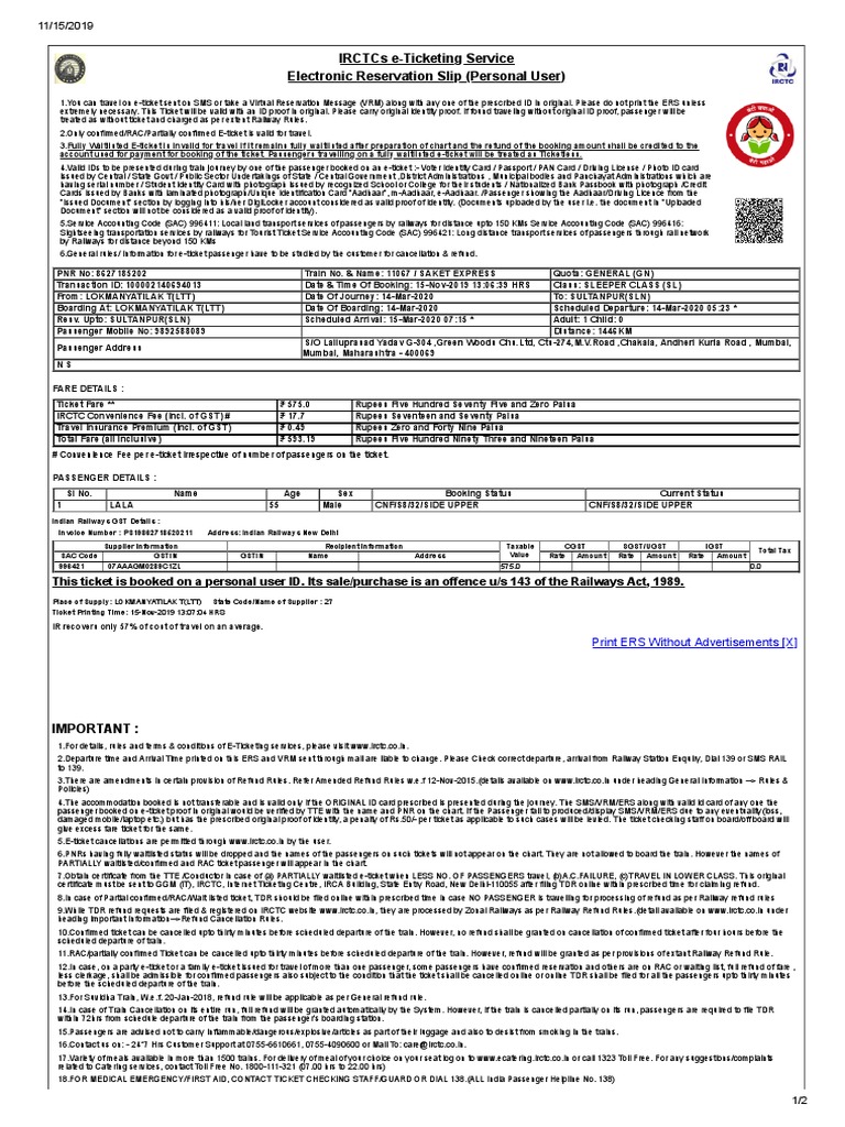 IRCTC e-Ticketing Guidelines | PDF | Identity Document | Ticket (Admission)