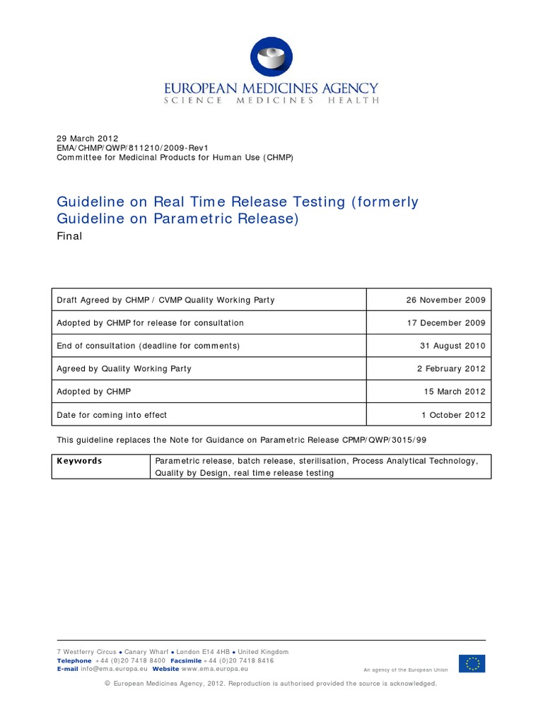 Eu Gmp Annex 17: Real Time Release Testing And Parametric Release – XPXVRE