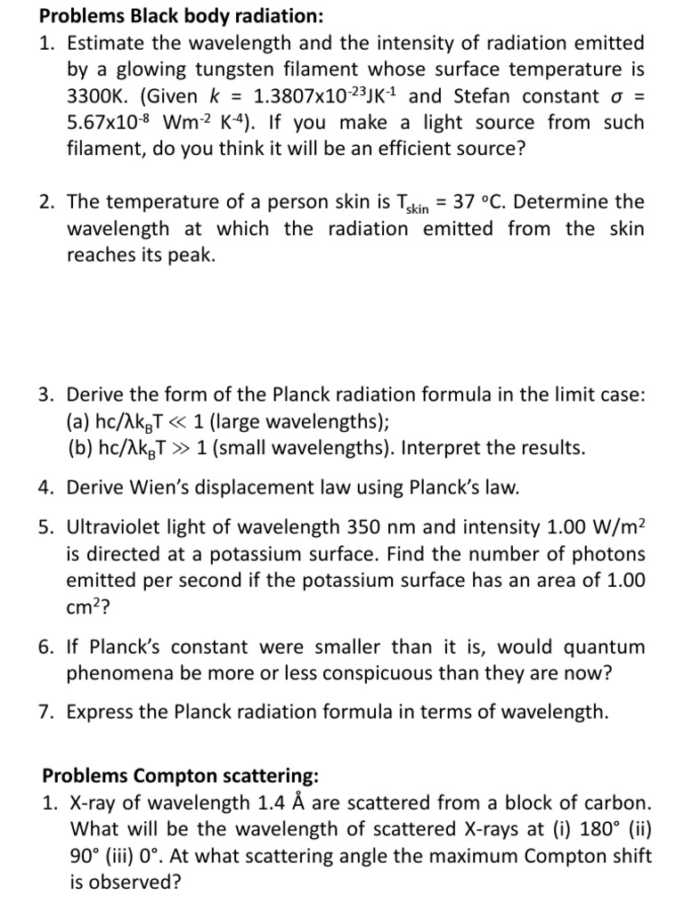4 Problems Black Body Radiation And Compton Scattering Radiation Photon