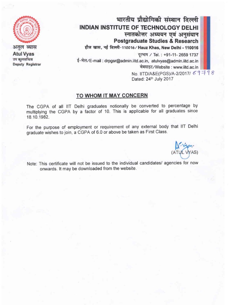 IIT Delhi CGPA to Percentage Conversion | PDF