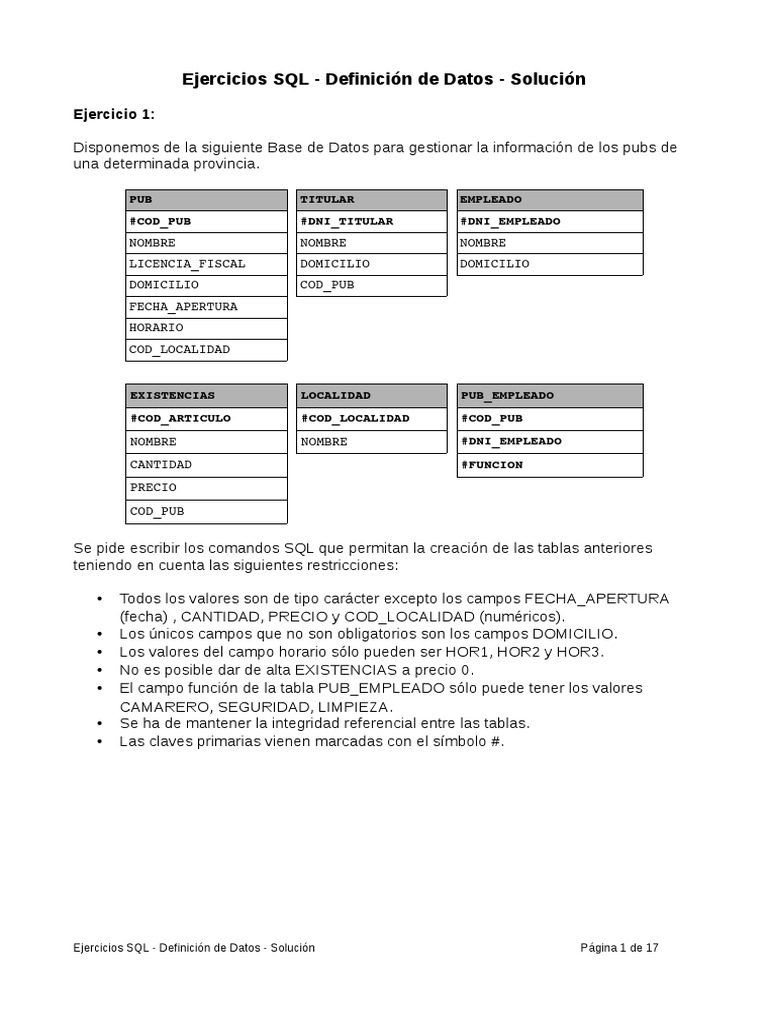 Ejercicios SQL Definicion Datos Solucion | PDF | SQL | Bases de datos