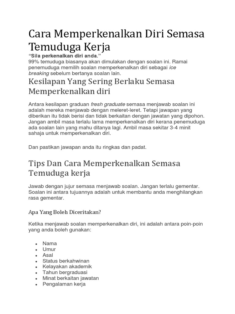 Cara Memperkenalkan Diri Semasa Temuduga Kerja Pdf
