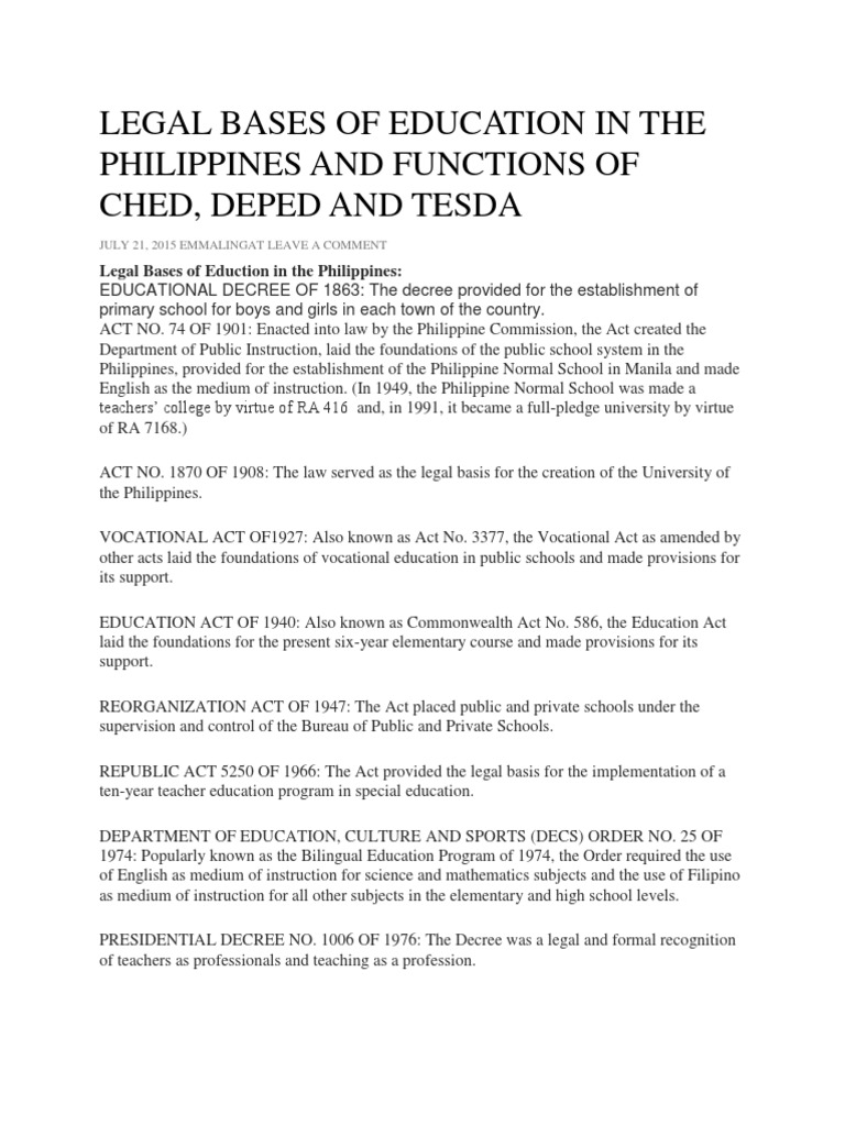An Analysis of the Legal Bases of Education in the Philippines and the ...