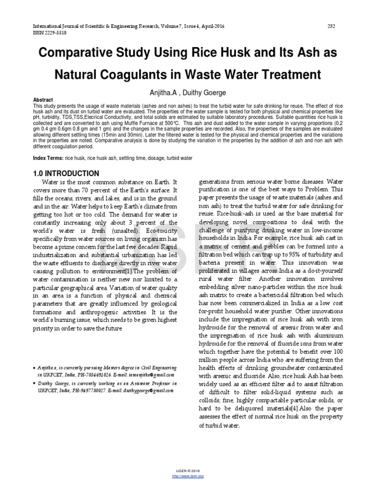 Comparative Study Using Rice Husk and Its Ash As Natural Coagulants in ...