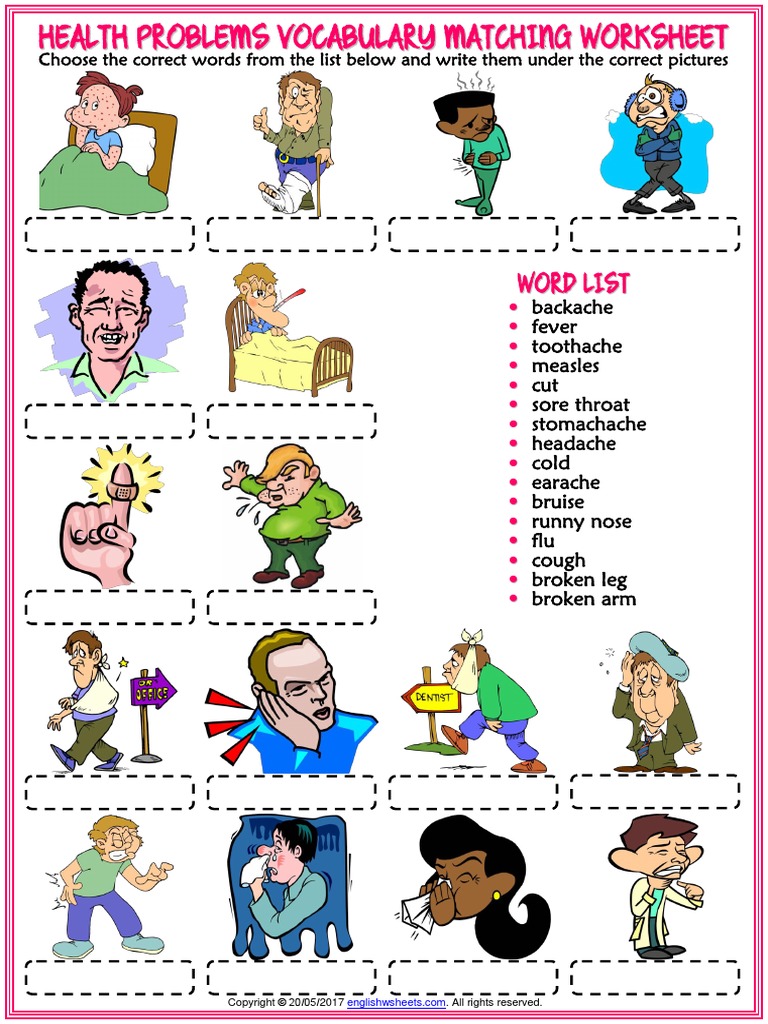 health problems vocabulary esl matching exercise worksheet for kids pdf pdf symptoms and signs otorhinolaryngology
