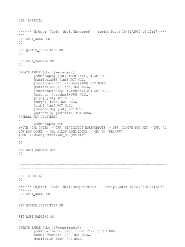 RHFACIL Database Table Creation | PDF | Computers