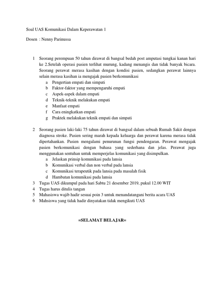 Soal Uas Komunikasi Dalam Keperawatan 1 19 Akhir