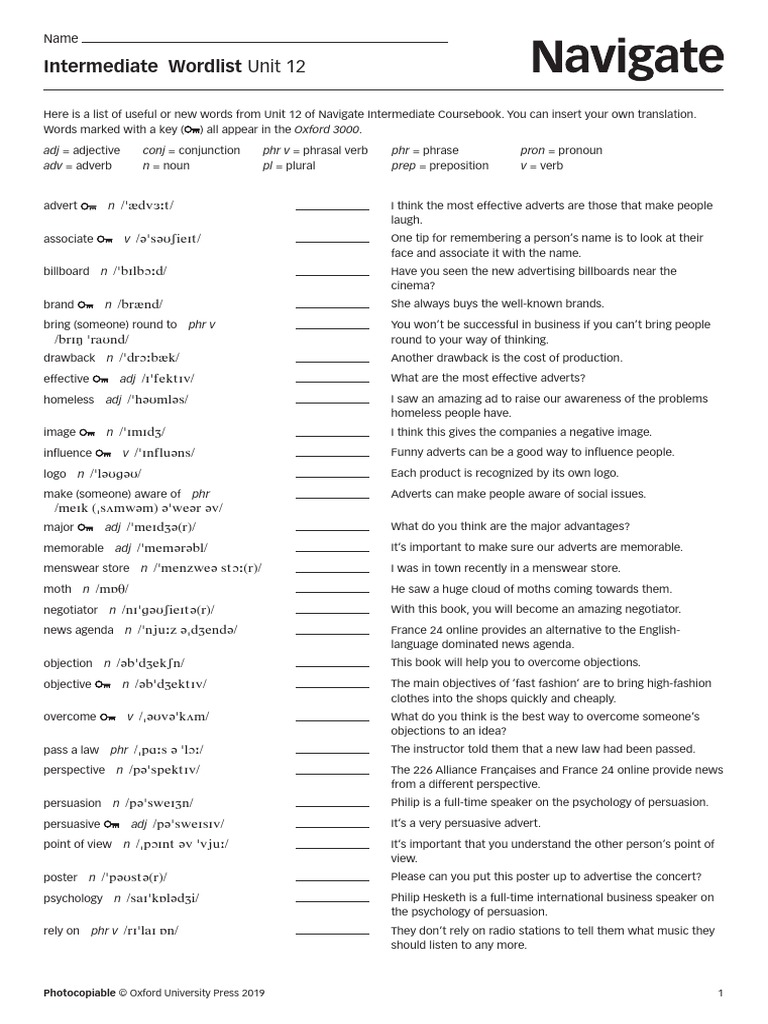 Navigate Intermediate Wordlist Unit 12 | PDF | Verb | Advertising