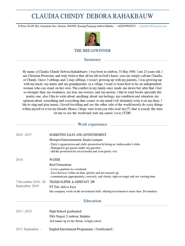 The Breadwinner Summary of Claudia Chindy Debora Rahakbauw's CV PDF