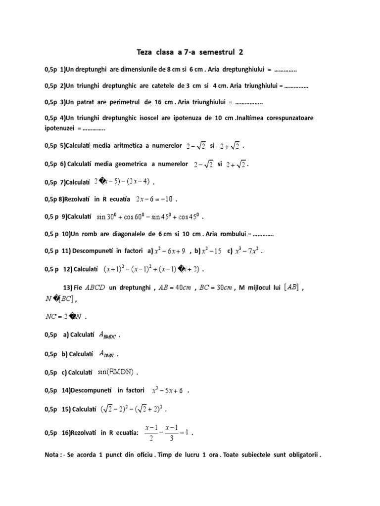 Teza Clasa A 7 Sem 2