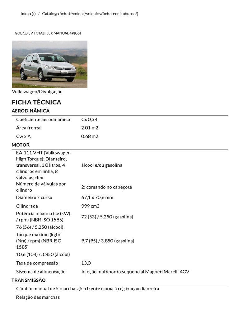 Gol G5 Trend 1.0 8V 2010 - Ficha Técnica, PDF, Pneu